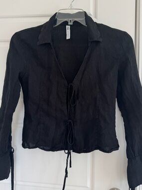 Zara Black Tie-Front Linen Button Down Shirt